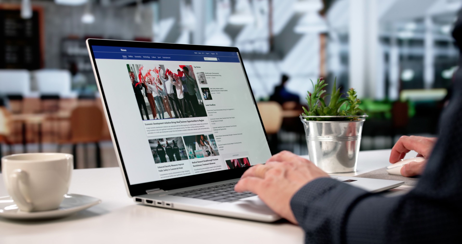 Young Journalist Typing Article On Laptop In Cafe, Watching News