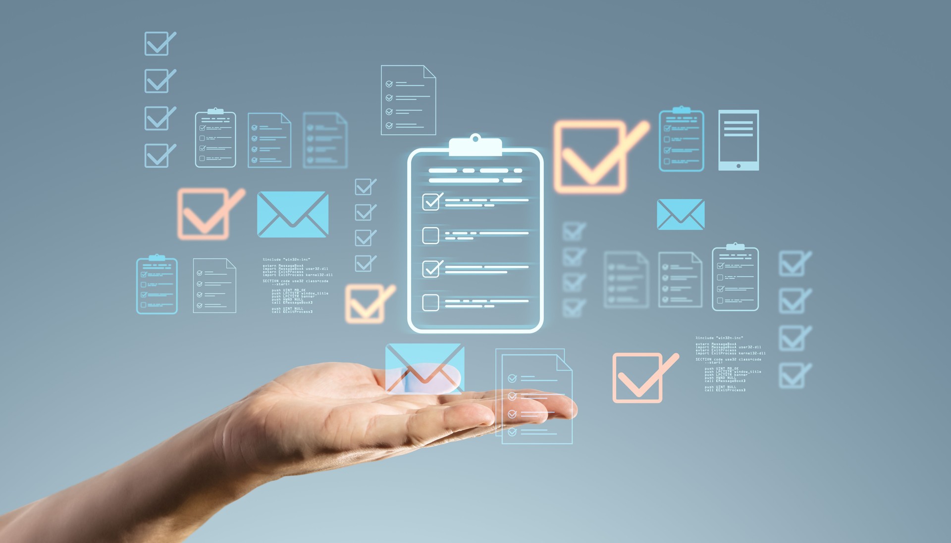 Digital document management concept with holographic interface.